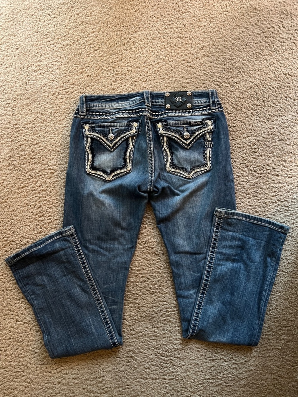 Miss Me signature boot cut. Embellished Dark Blue Women's Jeans